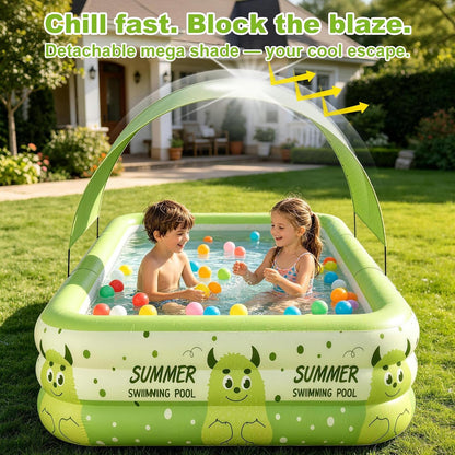 Kiddie Pool with Canopy 71" x 51" x 22", Inflatable Baby Pool with Detachable Sunshade, Portable Blow-Up Swimming Pool for Toddlers and Kids, Backyard Outdoor Water Play Pool, Green Monster