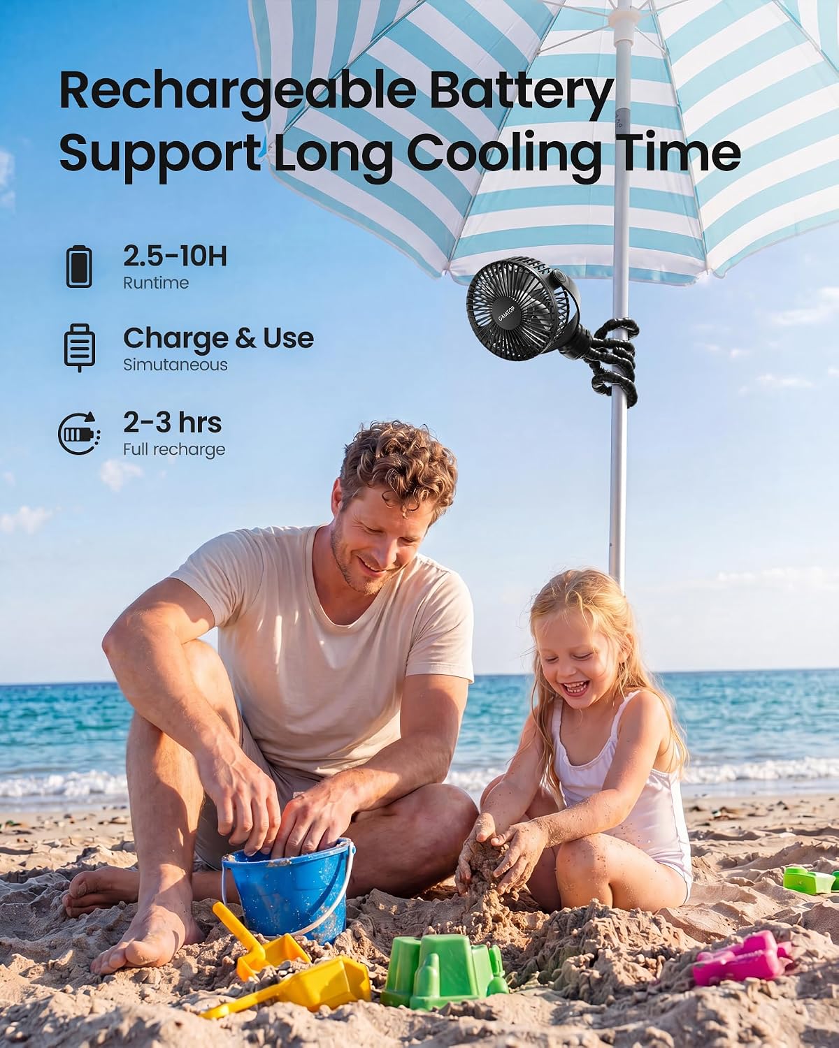 Gaiatop Mini Portable Stroller Fan, Small Clip-On Fan, 3-Speed Rechargeable, Black