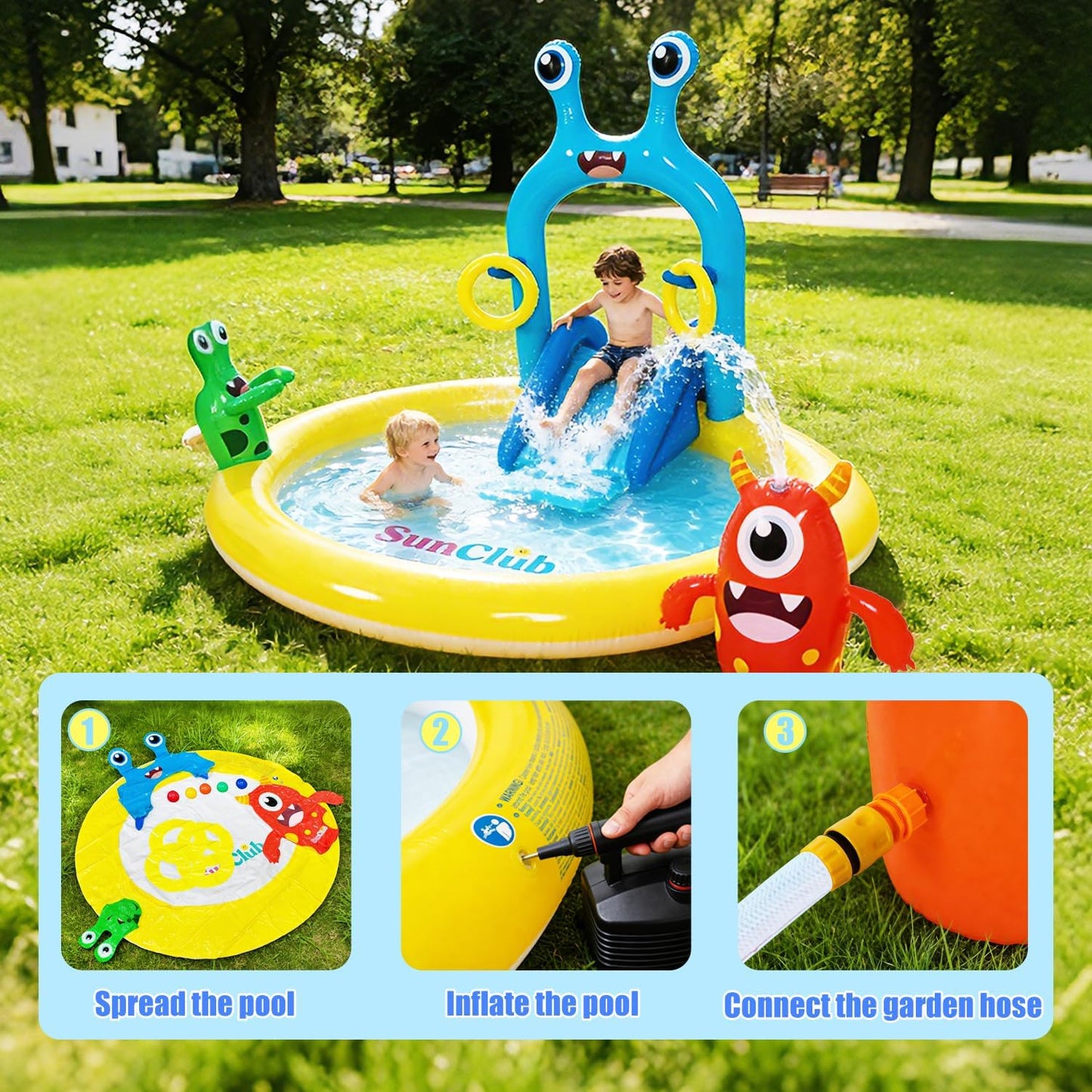 Inflatable Splash Pad for Kids with Monster Sprinkler, Water Slide, Toss Rings & Balls, Outdoor Backyard Water Play Center for Toddlers Ages 2-6