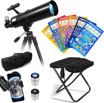 Feicosky 90mm Aperture 600mm Refractor Telescope for Adults & Kids, 24X–180X High Power Astronomy Telescope with Adjustable Tripod, Folding Stool, Phone Adapter & Carry Bag