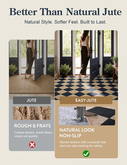 Lahome Checkered Easy Jute 5 x 7 Area Rug, Washable Indoor Outdoor Patio Rug, Low-Pile Non-Slip Geometric Diamond Carpet for Living Room, Dining Room, Backyard & Deck, Black/Charcoal