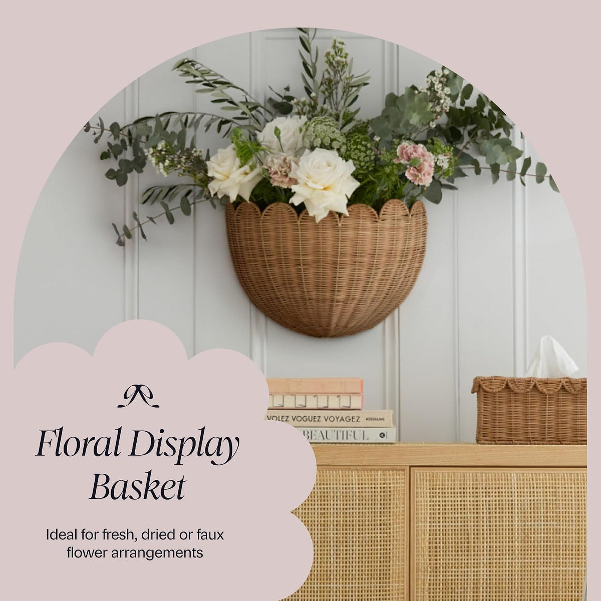 BEBE BASK Scalloped Wicker Wall Basket - The Original - 16 x 10 x 7 In | Handwoven Basket, Scalloped Décor Wall Hanging Baskets, Hanging Wall Basket, Rattan...