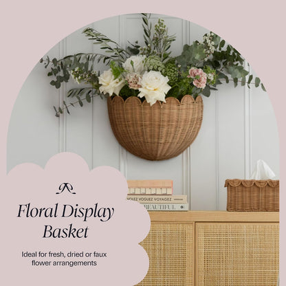 BEBE BASK Scalloped Wicker Wall Basket - The Original - 16 x 10 x 7 In | Handwoven Basket, Scalloped Décor Wall Hanging Baskets, Hanging Wall Basket, Rattan...