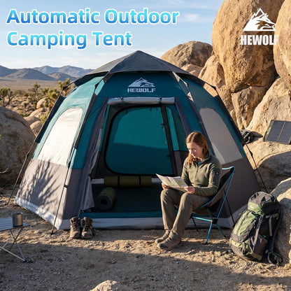 HEWOLF 2-4 Person Camping Tent, Instant Pop-Up Waterproof 2-Door 3-Season Hexagonal Dome Tent with Rainfly, Spacious Family Tent for Camping, Hiking & Travel, New Blue