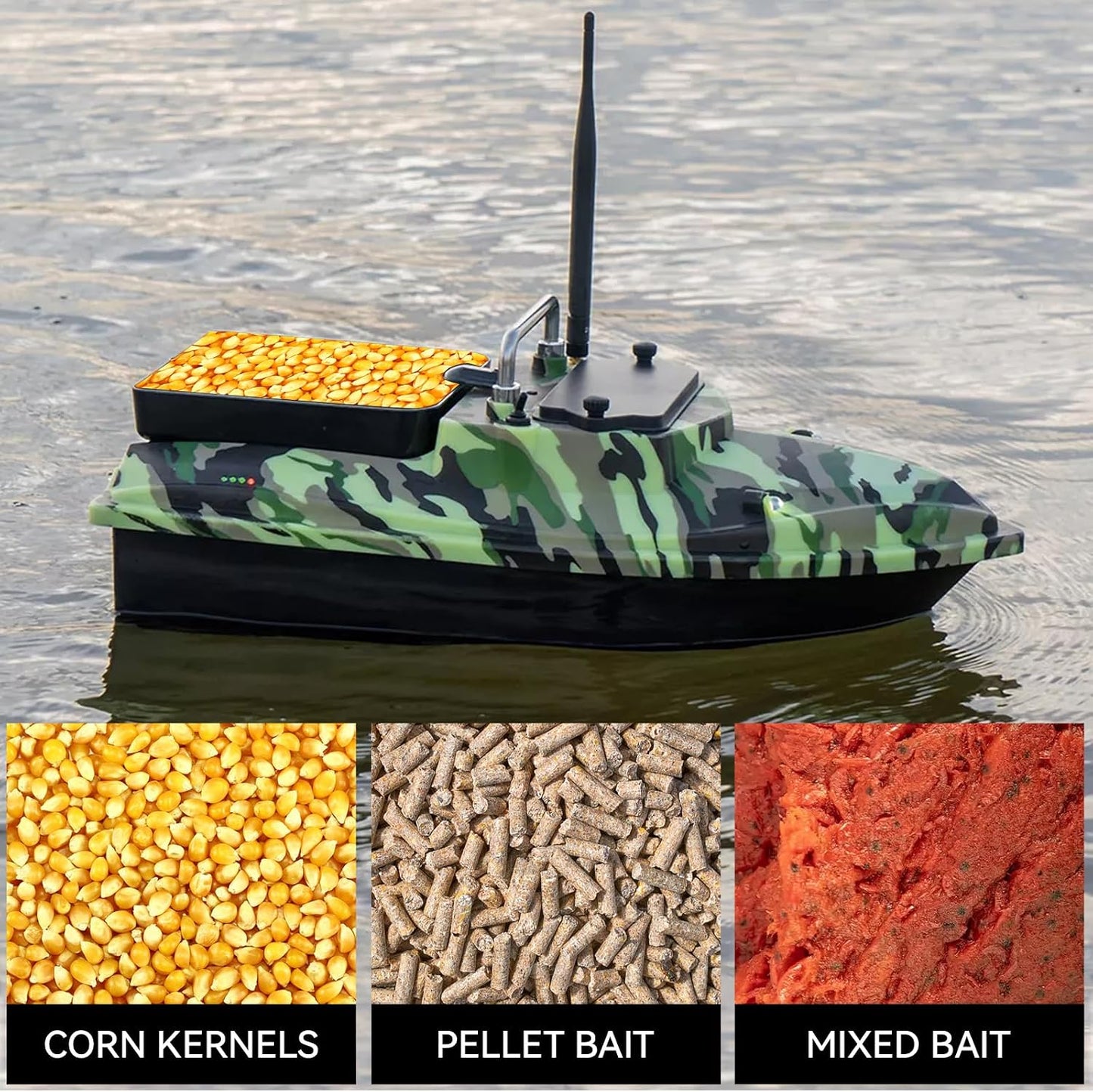 RC Bait Boat for Fishing, 4.4 lb Carp Fishing Boat with Dual Battery Power, Cruise Control, Low Battery Alarm, Dual Motors, LED Night Lights, Waterproof Hull, Camo Green