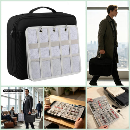 50-Slot Felt Watch Band Organizer Binder, Zippered Watch Strap Storage Case with 5 Double-Sided Pages, Mesh Accessory Pockets, Portable Travel Organizer, Gray