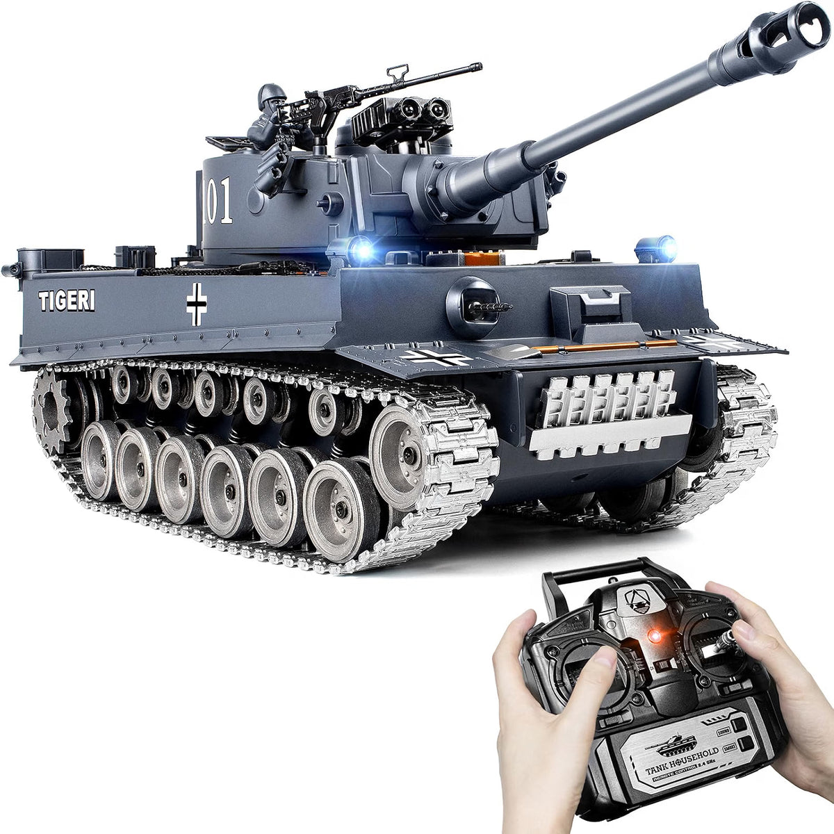 Supdex 1:18 RC Tiger I Military Tank, Alloy Metal Tracks & Wheels, 2.4GHz Remote Control Tank with Smoke, Sound & Lights, Rechargeable Toy Vehicle for Ages 8+, Grey
