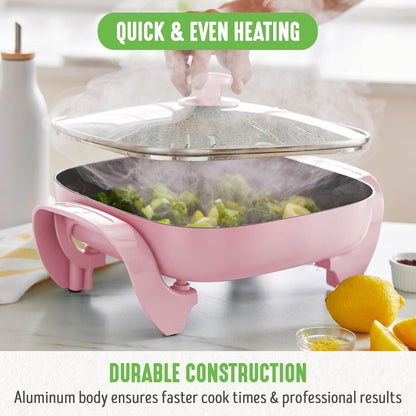 GreenLife 12" 5QT Electric Skillet, Pink PFAS-Free Ceramic Nonstick Coated Interior, Glass Vented Lid, Temperature Control, Dishwasher Safe, Pancakes, Eggs, Bacon