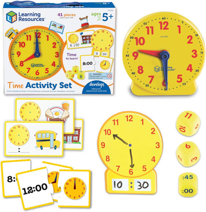 Learning Resources Time Activity Set, 41-Piece Hands-On Clock Learning Kit for Kids Ages 5+, Analog & Digital Time Practice with Activity Cards, Puzzles & Dice