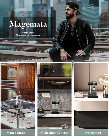 Magemata Single Watch Stand for Men & Women, Black Marble Watch Display Holder with Leather Cushioned Pad, Jewelry & Bracelet Organizer, Elegant Watch Display Stand