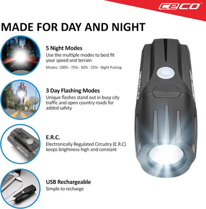 CECO F1200 1200-Lumen USB Rechargeable Bike Light, IP67 Waterproof & FL-1 Impact Resistant Bicycle Headlight with Flexible Handlebar Mount, 14 Modes, Black