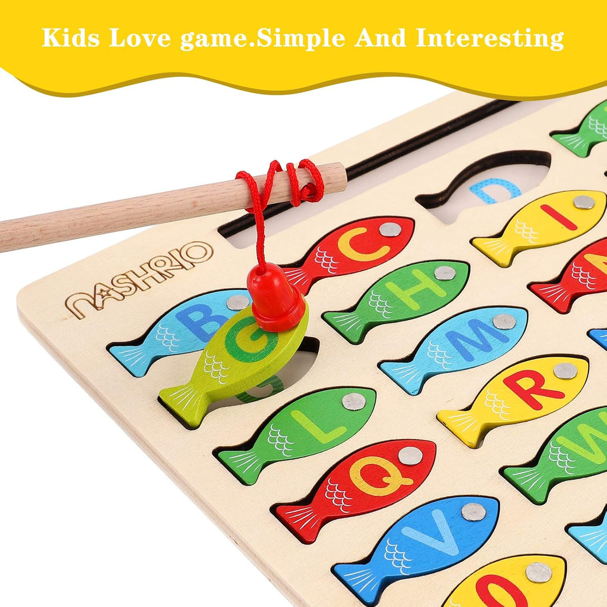 NASHRIO Magnetic Wooden Fishing Game for Kids, Alphabet & Number Fish Catching Puzzle, Wooden Preschool Learning Toy for Ages 3–5, ABC Math & Counting Educational Game
