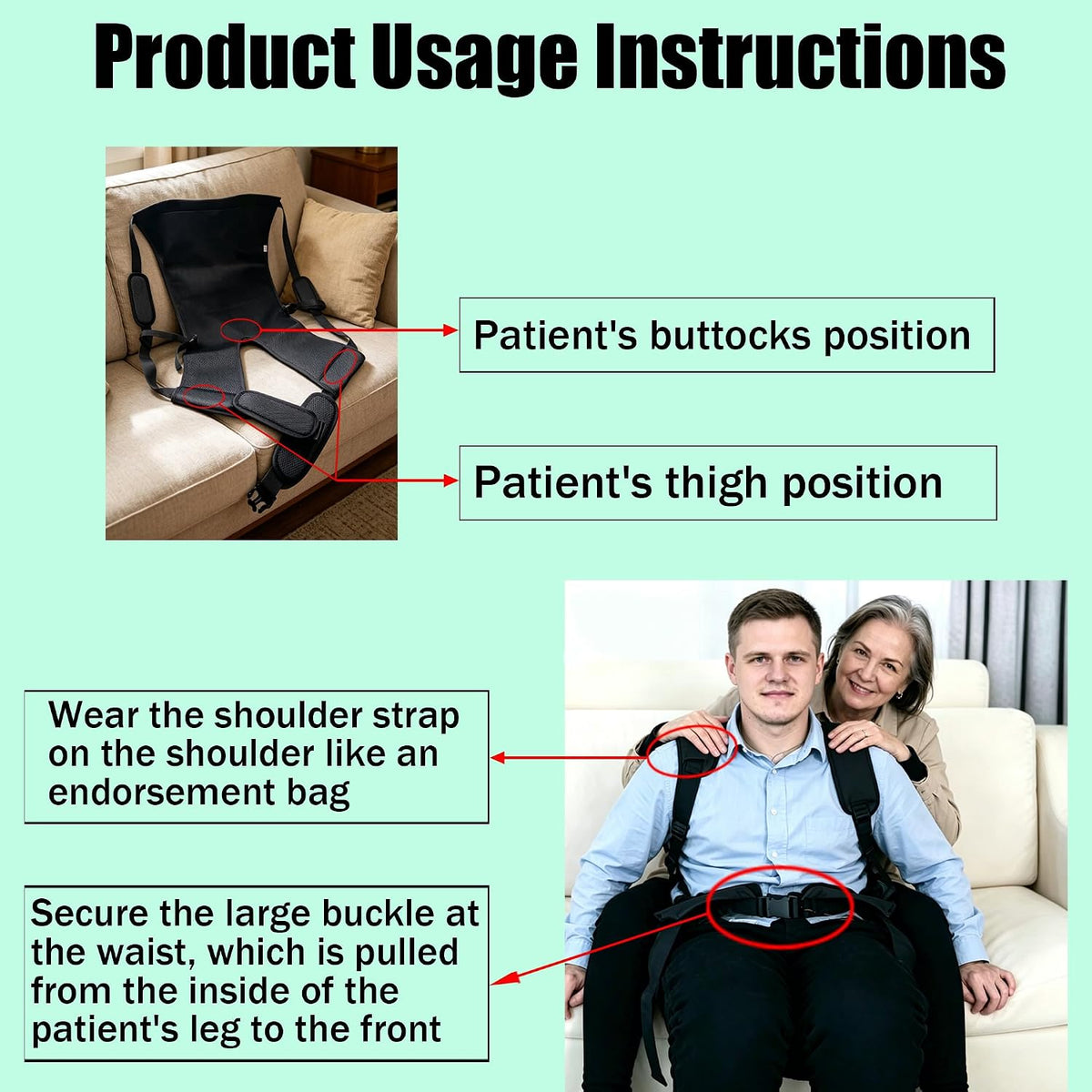 One-Person Transfer Sling for Elderly and Disabled - Patient Lift Transfer Belt, Up and Down Stairs Lift Assist Devices for Seniors, Handicap, Bedridden(Black)