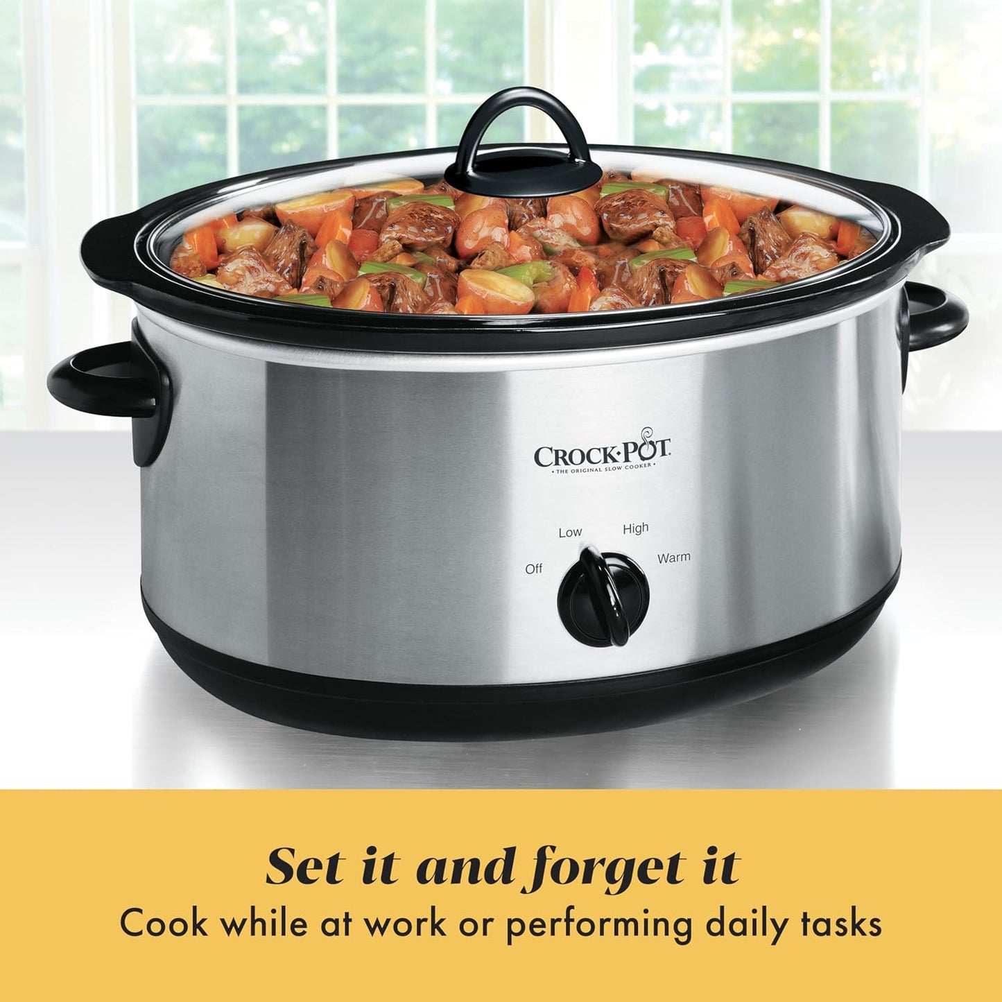 Crock-Pot 7-Quart Manual Slow Cooker, Family Size with Removable Stoneware, Warming Setting & Dishwasher-Safe Parts, Stainless Steel