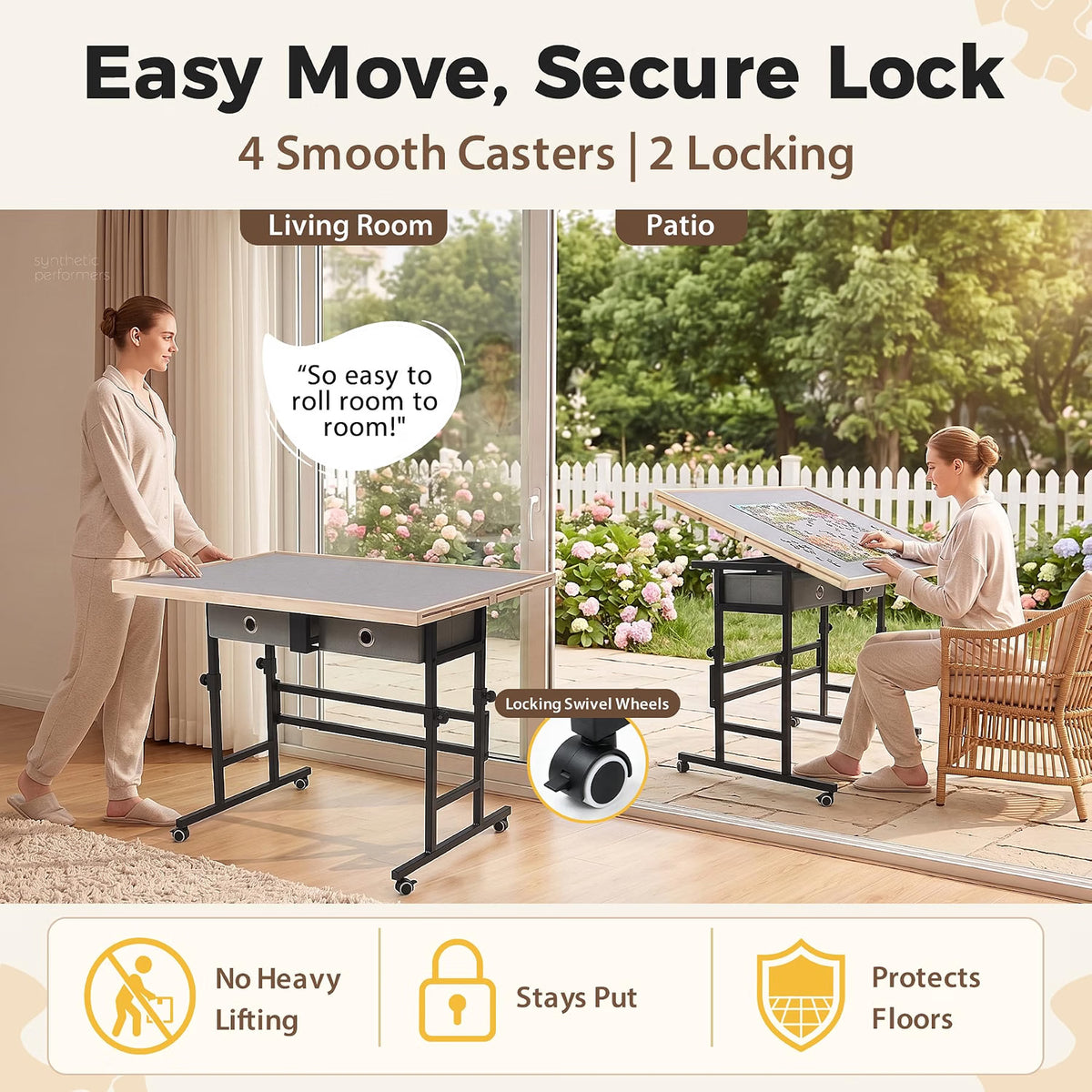 BuilderButler Puzzle Table for 2000 Pieces, 40.16" x 28.5" Adjustable Height & 45° Tilting Jigsaw Board with Wheels, 4 Wooden & 2 Fabric Drawers, Protective Cover