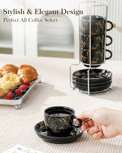 MALACASA Porcelain Espresso Cups Set of 4, with Saucers and Metal Stand, 4 Ounce Stackable Cappuccino Cups, Expresso Shots Cup Ceramic Demitasse Mugs, Marble Black