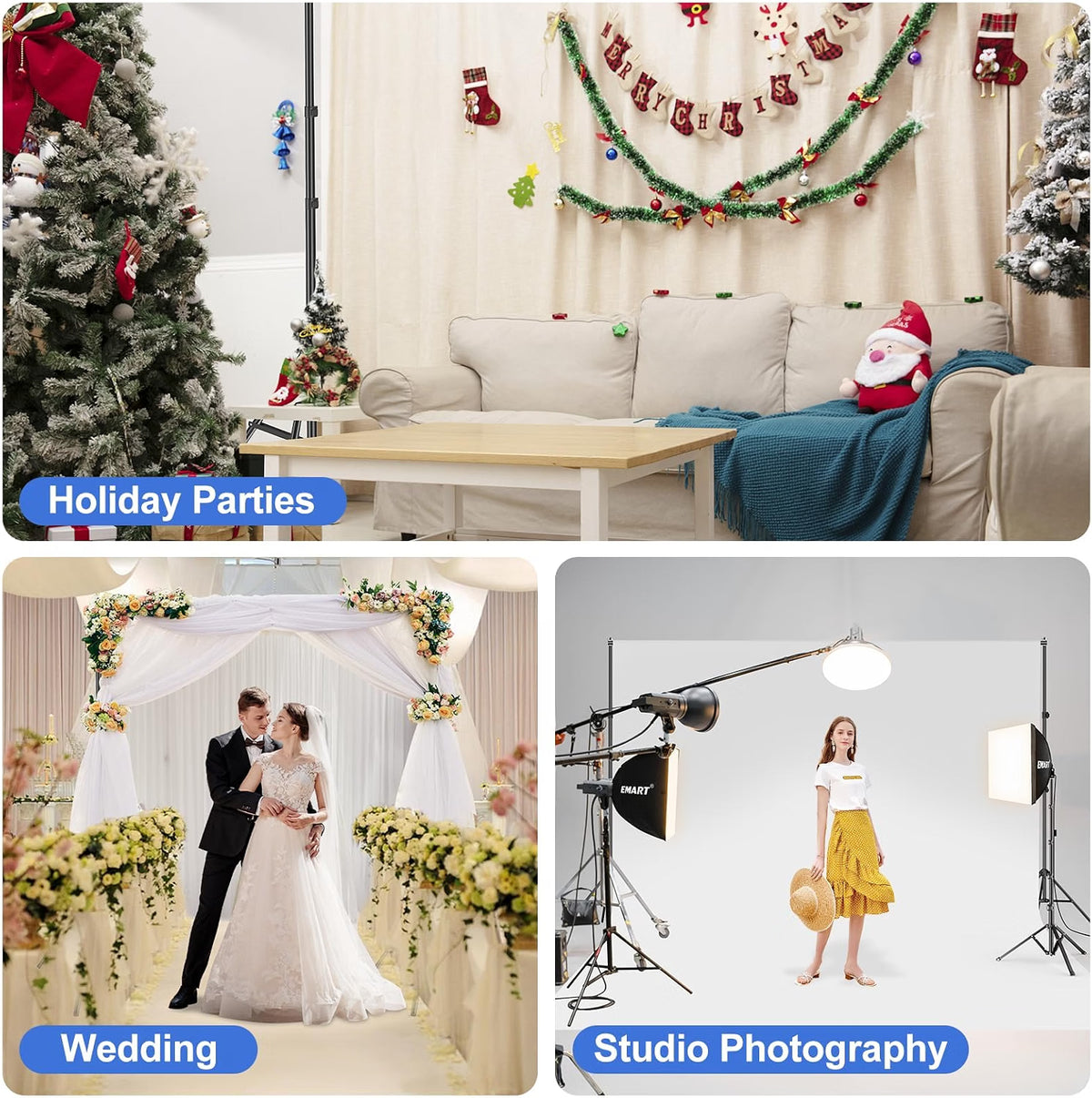 EMART 10x7FT Adjustable Backdrop Stand, Retractable Crossbar Photography Background Stand with Tripod Base, Carry Bag & Clips for Party, Studio, Wedding & Photoshoot