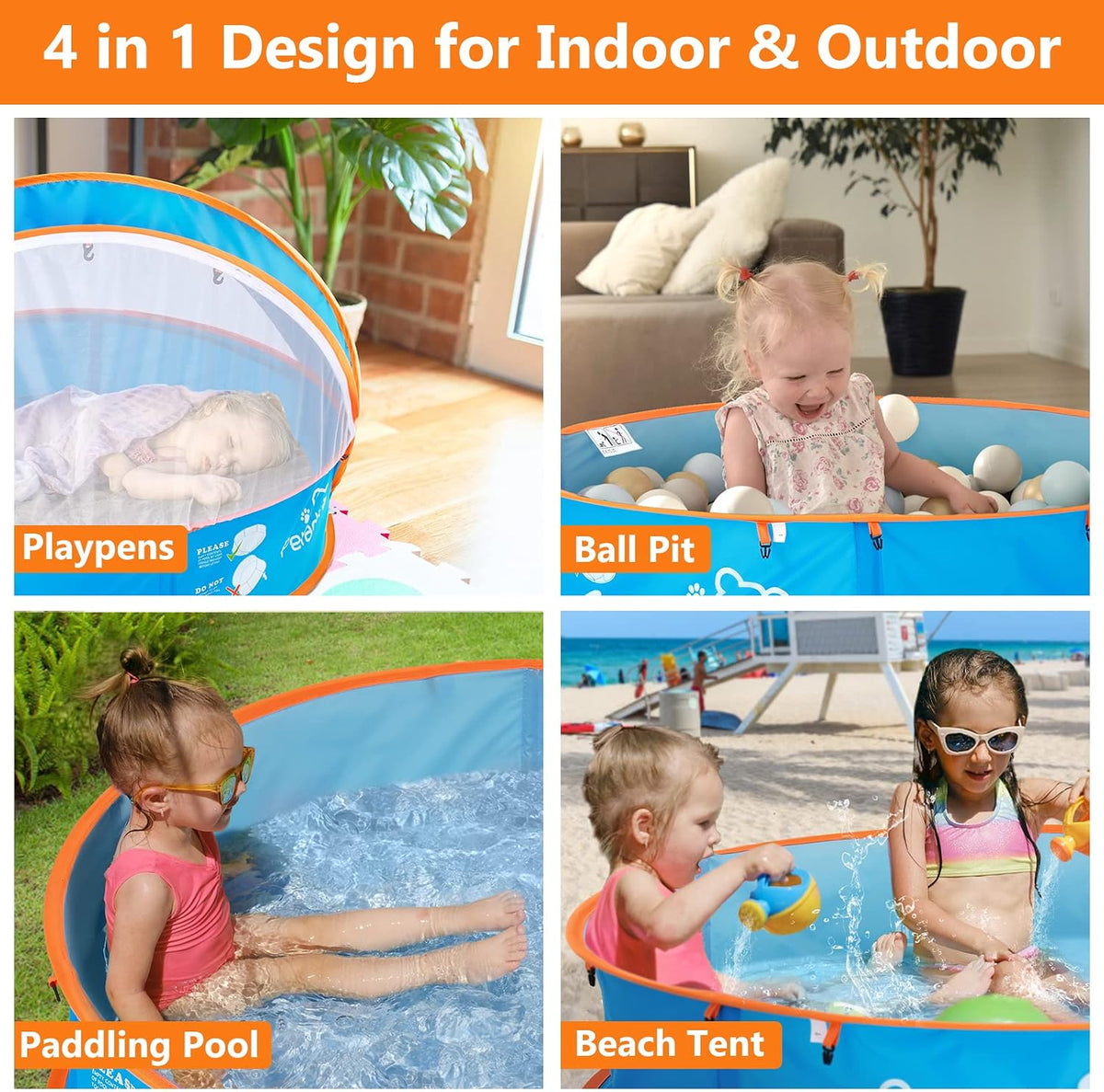 Peradix 4-in-1 Pop-Up Pool Tent for Kids & Pets, Baby Paddling Pool, Ball Pit & Beach Tent with UPF 50+ Canopy and Detachable Mosquito Net