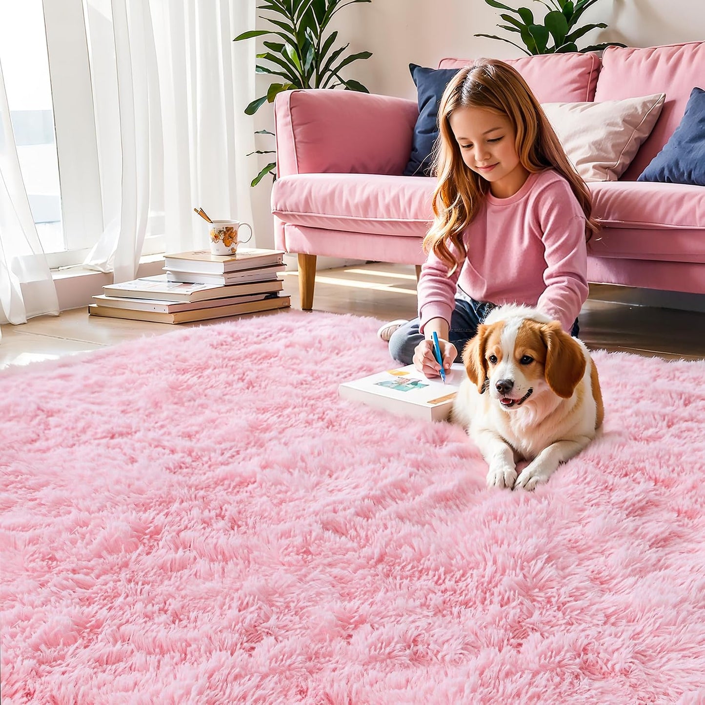 Pink Fluffy 4x6 Area Rugs for Bedroom Girls, Plush Washable Carpet Area Rug for Kids Room, Nursery, Dorm Room, Non Slip Shaggy Floor Carpet