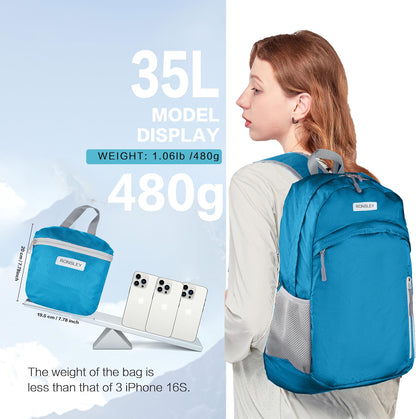HyperionFlo Essentials Waterproof Foldable Hiking Backpack, Lightweight 30L Daypack for Hiking, Travel & Beach, Blue