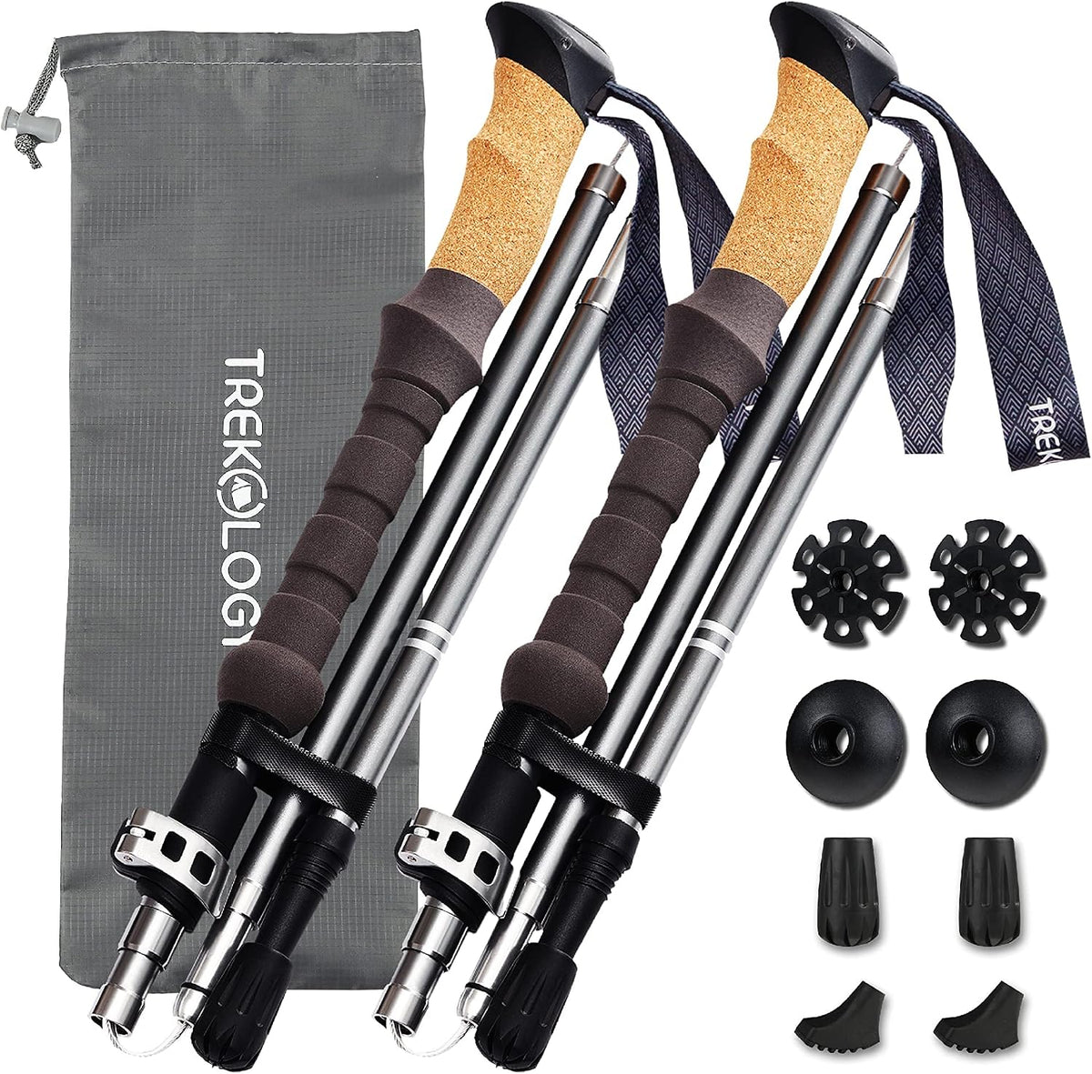 Trekology Trek-Z Cork Grip Collapsible Lightweight Hiking Trekking Poles Adjustable folding aluminum walking stick for men, women and seniors; foldable, retractable staff for travel and balance