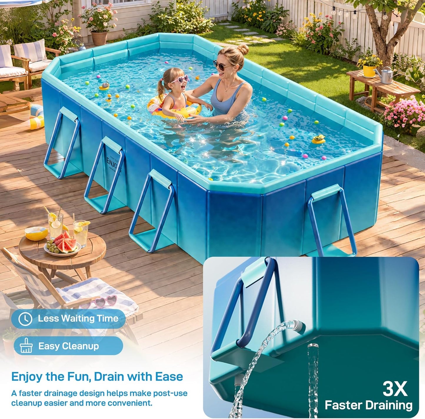 Foldable Swimming Pool, Non-Inflatable 116" x 65" x 20", Large Rectangular Above Ground Pool with 3 Drain Outlets, Portable Family Pool for Backyard & Garden, Blue