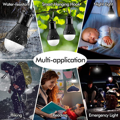 FLY2SKY Portable LED Camping Lights, 4-Pack Multicolor Tent Lanterns with Clip Hook, 150 Lumens Battery-Powered Emergency Lights, 3 Modes for Camping, Hiking & Power Outages