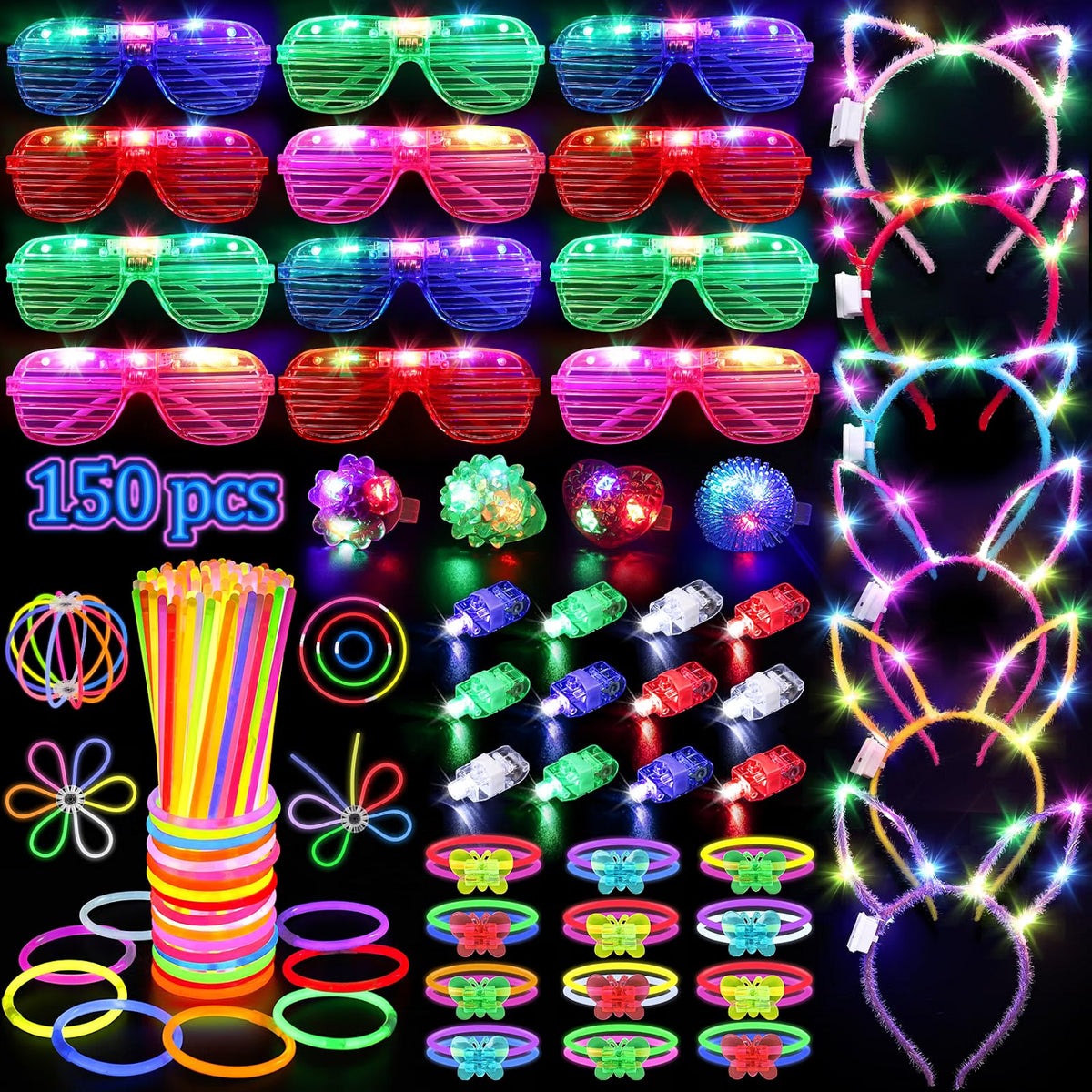 TSDATOWR 150-Piece Glow in the Dark Party Supplies for Kids & Adults, LED Glasses, Headbands, Rings & Glow Sticks with DIY Connectors, Neon Light-Up Party Kit
