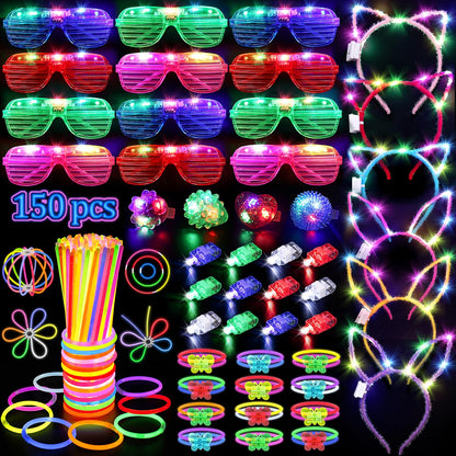 TSDATOWR 150-Piece Glow in the Dark Party Supplies for Kids & Adults, LED Glasses, Headbands, Rings & Glow Sticks with DIY Connectors, Neon Light-Up Party Kit