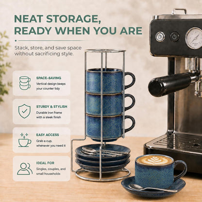 8 Ounce Cappuccino Cups Set of 4, Reactive Blue Stackable Demitasse Mugs, Includes Display Stand, Cups Saucers, and Spoons, for Machines & Home Use