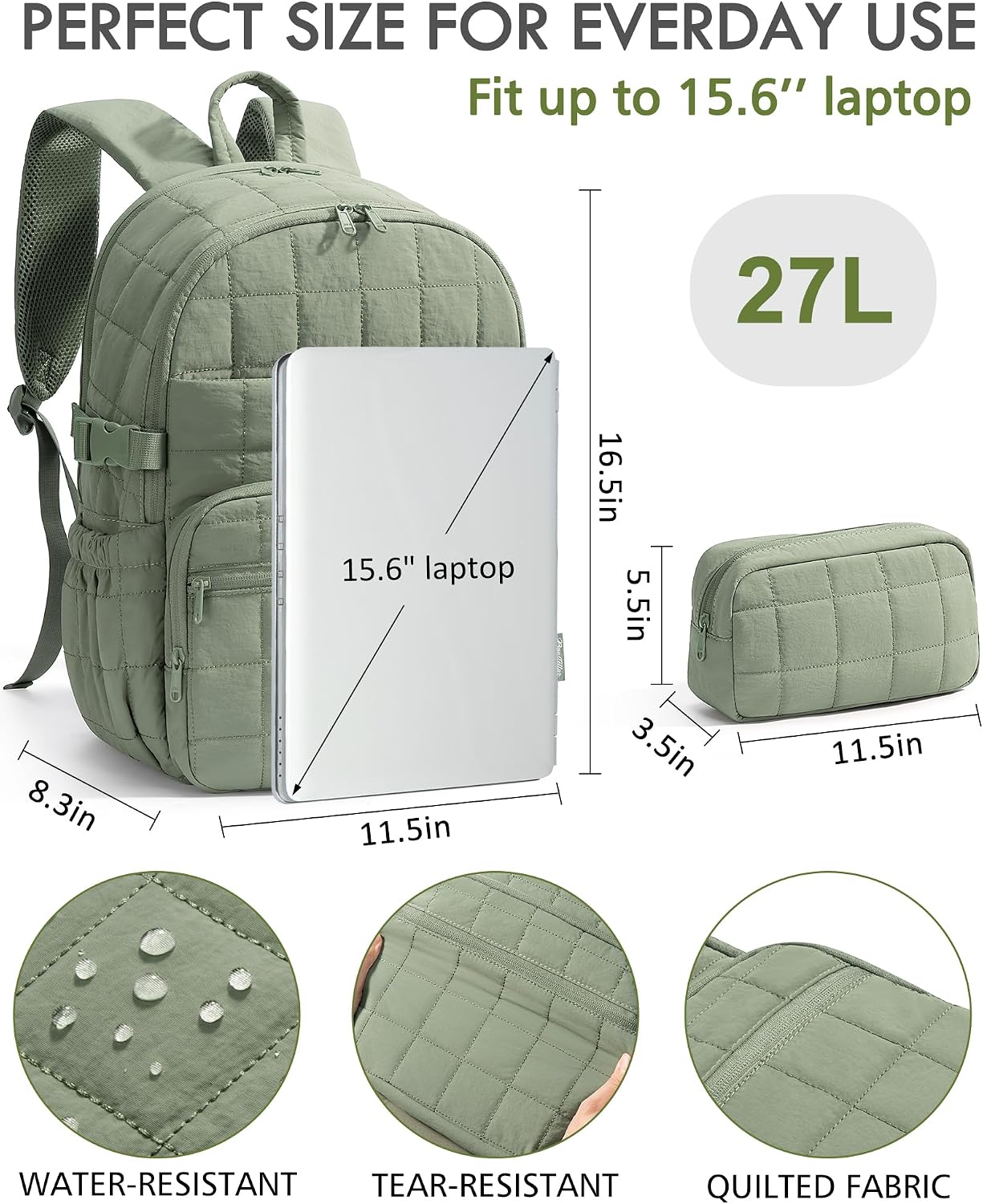 Bagstellar Travel Backpack for Women, 15.6" Puffer College Laptop Backpack 27L Quilted Work Back Pack w/ Double Zipper, 18 Pockets, Giant Tumbler Holder, Water Resistant Teacher Nurse Computer Bookbag