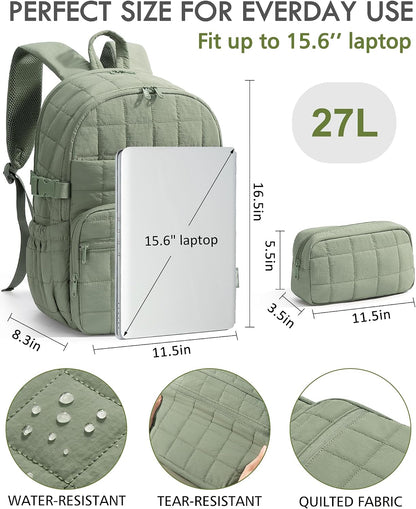 Bagstellar Travel Backpack for Women, 15.6" Puffer College Laptop Backpack 27L Quilted Work Back Pack w/ Double Zipper, 18 Pockets, Giant Tumbler Holder, Water Resistant Teacher Nurse Computer Bookbag