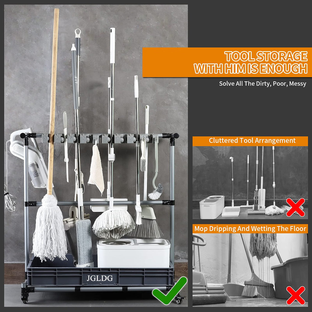 HyperionFlo Essentials Multifunctional Cleaning Cart and Tool Organizer, Broom & Mop Holder with 16 Long-Handle Tool Capacity, Portable Floor Cart, Silver