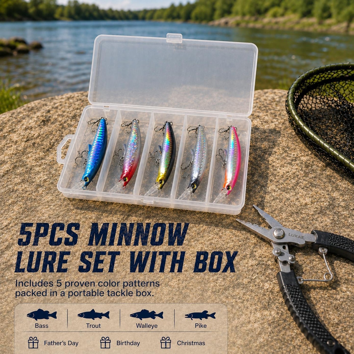 5PCS Sinking Jerkbait Fishing Lures, 3.35" Long-Casting Minnow Hard Baits with Realistic Swimming Action, Curved Lip, Holographic Finish & Treble Hooks for Bass, Trout, Walleye and Pike