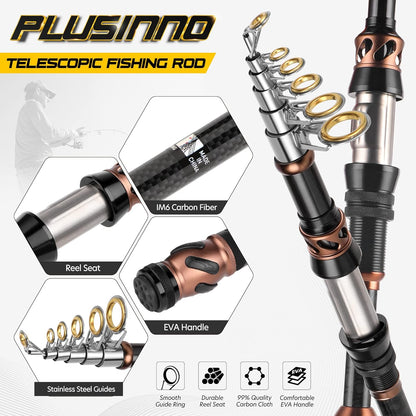 PLUSINNO Fishing Rod and Reel Combo, 8.86FT Carbon Fiber Telescopic Fishing Pole with HA3000 Spinning Reel, 12+1 Bearings, Fishing Line, Lures, Hooks & Carrier Case