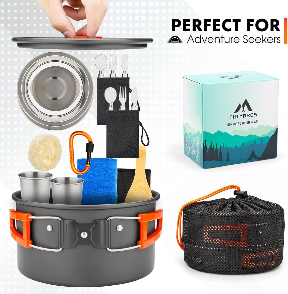 THTYBROS 17-Piece Camping Cookware Mess Kit, Hard-Anodized Aluminum Camping Cookware Set with Pot, Kettle, Frying Pan, Cups, Plates & Utensils for Camping, Backpacking & Picnic, Gray