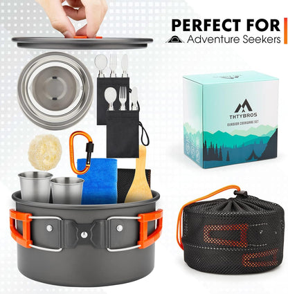 THTYBROS 17-Piece Camping Cookware Mess Kit, Hard-Anodized Aluminum Camping Cookware Set with Pot, Kettle, Frying Pan, Cups, Plates & Utensils for Camping, Backpacking & Picnic, Gray