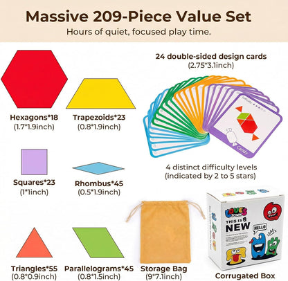LovesTown 209 PCS Wooden Pattern Blocks for Kids, Geometric Shapes with 24 Activity Cards & Storage Bag, Educational STEM Tangram Puzzle Set