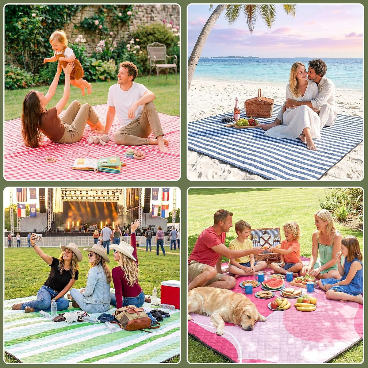 Genovega Waterproof Picnic Blanket, 80 x 80 Inch Extra Large Foldable Outdoor Blanket, Portable Beach Camping Mat with Waterproof PVC Backing, Checkered Green