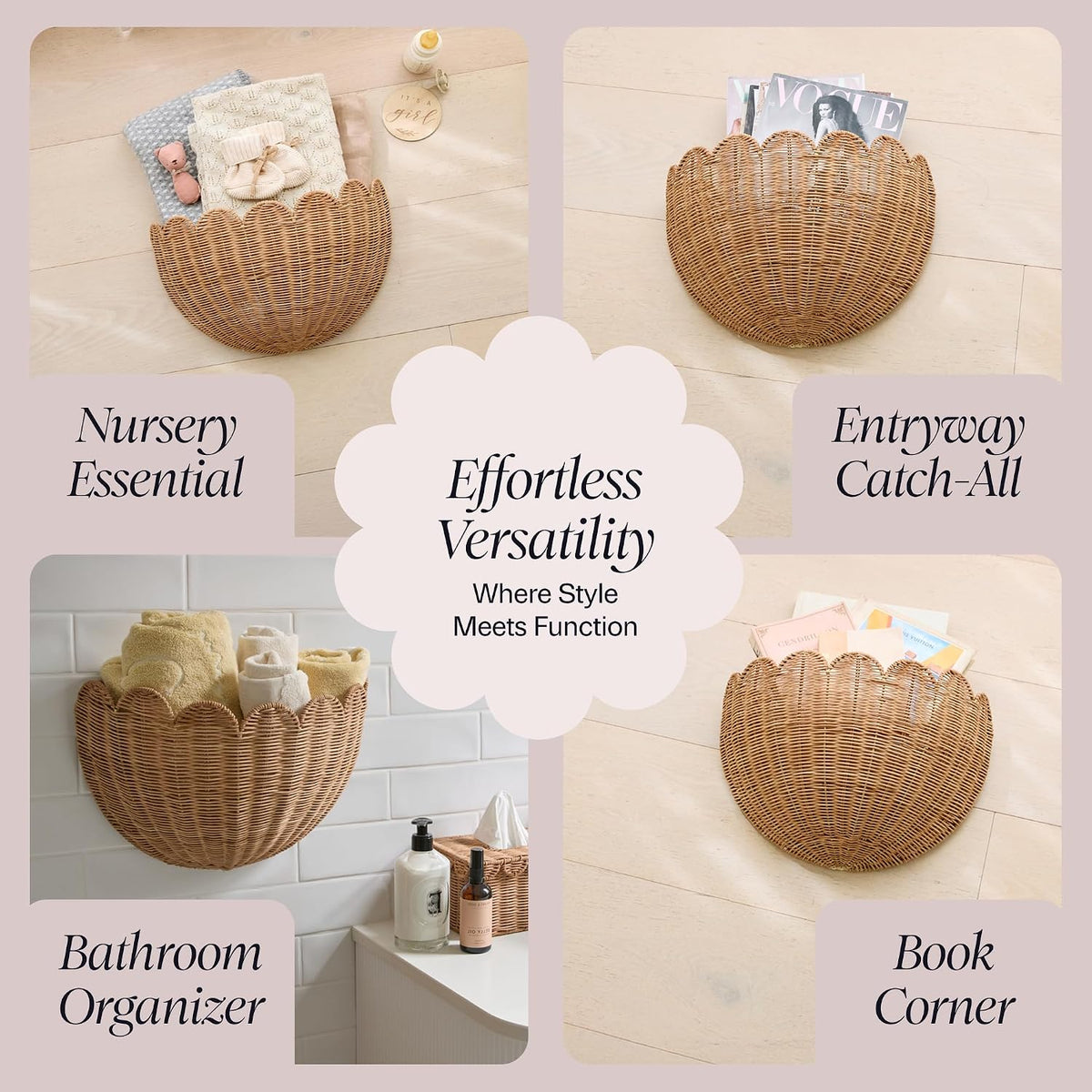 BEBE BASK Scalloped Wicker Wall Basket - The Original - 16 x 10 x 7 In | Handwoven Basket, Scalloped Décor Wall Hanging Baskets, Hanging Wall Basket, Rattan...
