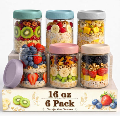 SECLENT Overnight Oats Containers with Lids, 6-Pack 16 oz Glass Mason Jars, Airtight Wide-Mouth Food Storage Jars for Yogurt, Chia Pudding & Meal Prep