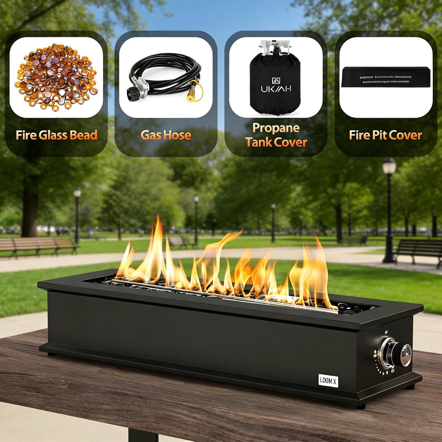 28" Propane Gas Fire Pit with 10FT Hose, 2 Covers & Glass Beads, FP063 Portable Smokeless Tabletop Fireplace for Outdoor Patio Backyard Camping RV Tailgating, Great Gift Choice, 40000BTU