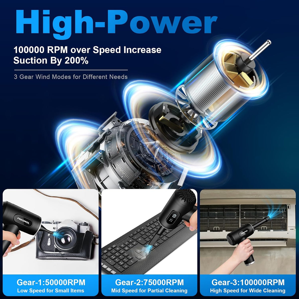 FRESMOL Compressed Air Duster | 100,000 RPM Rechargeable Electric Air Blower with 3 Speeds, LED Display & 10 Cleaning Attachments