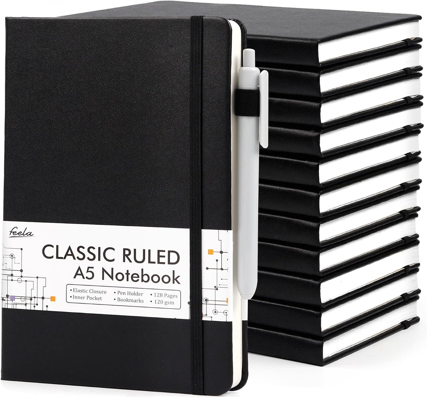 Feela 12 Pack Notebooks Journals Bulk with 12 Black Pens, A5 Hardcover Ruled Journal Set with Pen Holder, 120 GSM, 5.1” x 8.3”, Black