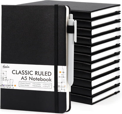 Feela 12 Pack Notebooks Journals Bulk with 12 Black Pens, A5 Hardcover Ruled Journal Set with Pen Holder, 120 GSM, 5.1” x 8.3”, Black