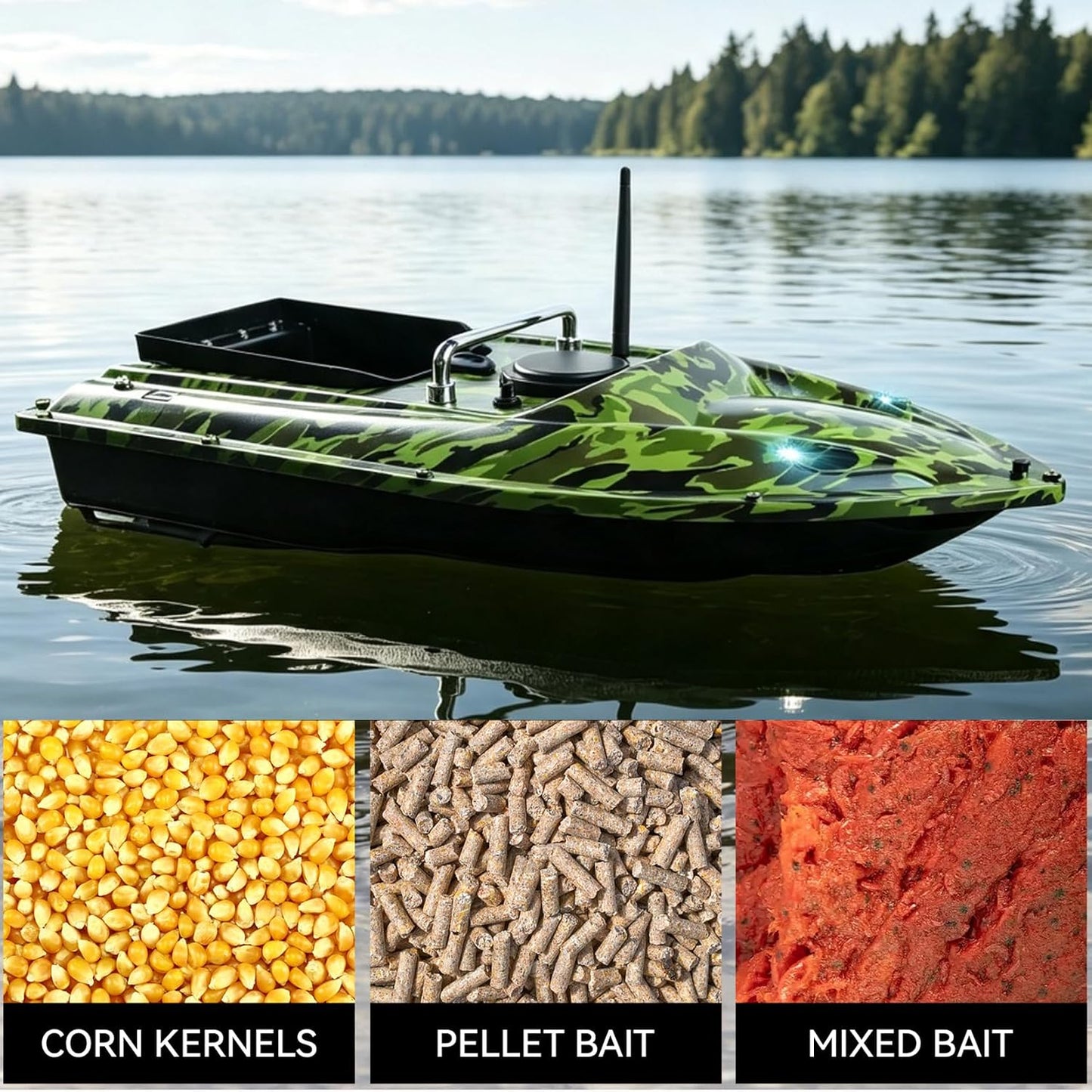 RC Bait Boat for Carp Fishing, 3.3 lb Bait Hopper, Dual Motors, Cruise Control, Low Battery Warning, Waterproof Hull with LED Navigation Lights, 5200mAh Battery, Camo Green