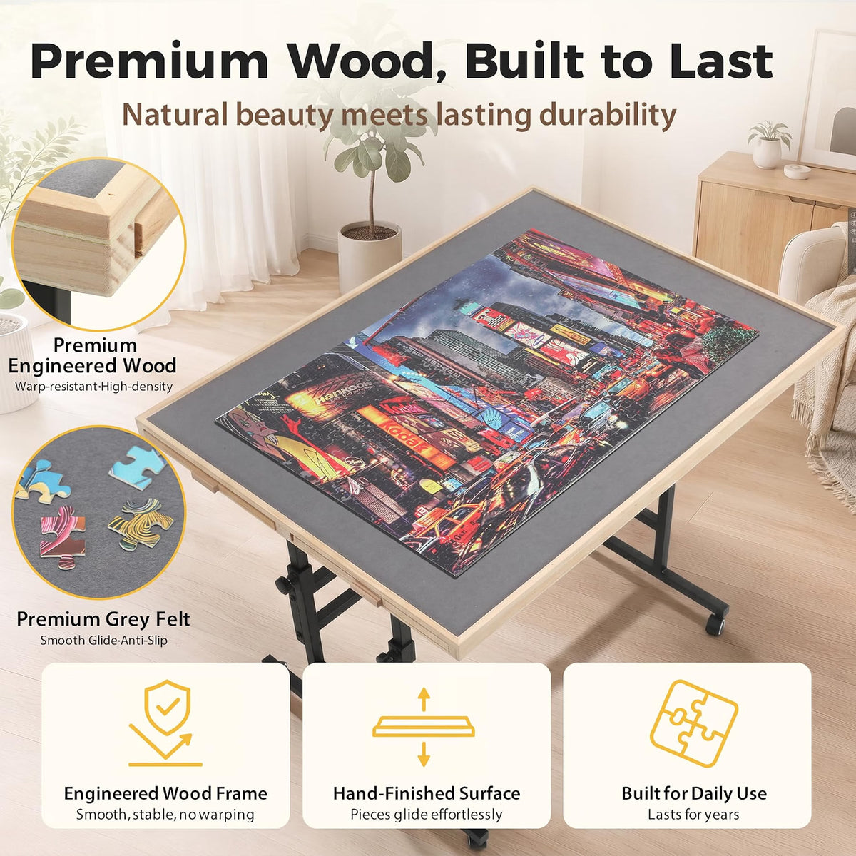 BuilderButler Puzzle Table for 2000 Pieces, 40.16" x 28.5" Adjustable Height & 45° Tilting Jigsaw Board with Wheels, 4 Wooden & 2 Fabric Drawers, Protective Cover