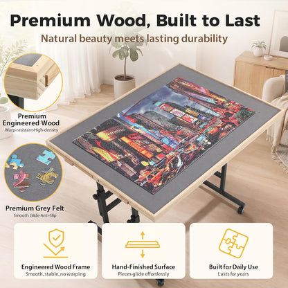 BuilderButler Puzzle Table for 2000 Pieces, 40.16" x 28.5" Adjustable Height & 45° Tilting Jigsaw Board with Wheels, 4 Wooden & 2 Fabric Drawers, Protective Cover