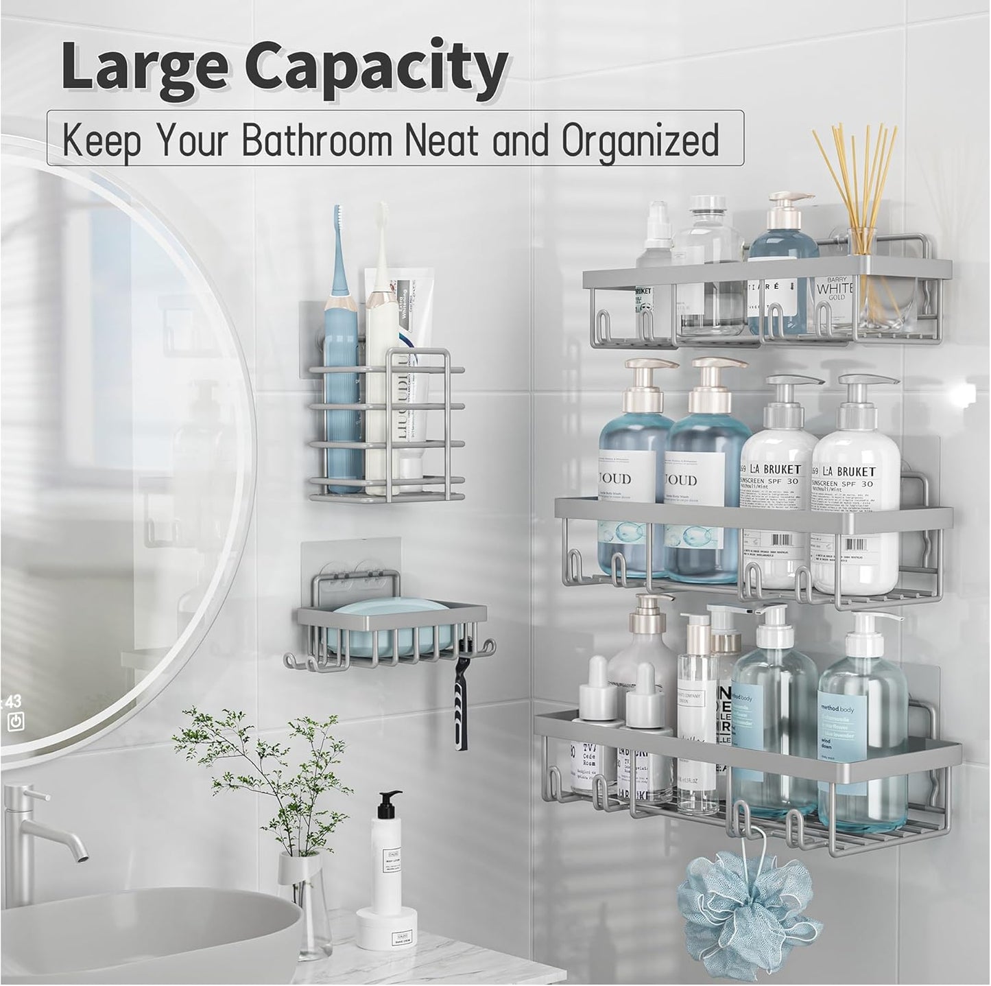 Liuoud 5 Pack Shower Caddy for Inside Shower, Grey Bathroom Storage Decor