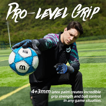 WVVOU Soccer Goalie Gloves for Youth & Adults, Size 9, 4+3mm Super Grip Latex Palm, Breathable Strapless Goalkeeper Gloves for Training & Matches, Black